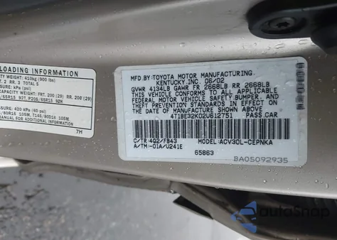 2002 Toyota Camry Le from USA, damaged, VIN 4T1BE32K02U612751
